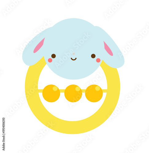 Rattle baby toy with cute rabbit and yellow balls. Children and kids playing item. Vector clip art