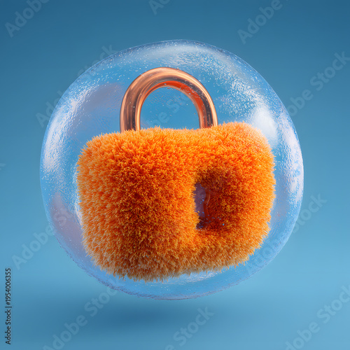 Safe Within a Bubble: A fluffy orange padlock encased in a transparent bubble, floating against a serene, light blue background.
