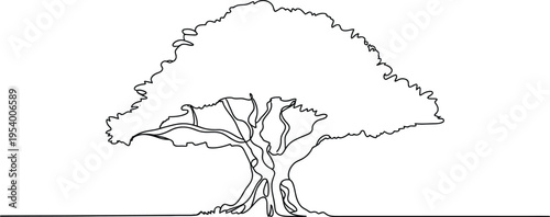 Continuous line art drawing of a large oak tree with spreading branches for minimalist nature and environment conservation concept design.