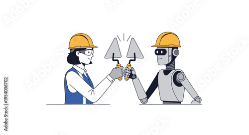 Human and Robot Construction Workers Collaborating with Trowels, Innovation in Building Industry and Automation Concept Illustration