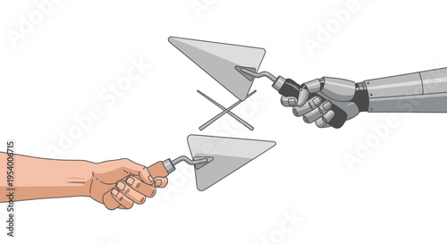 Robotic Arm and Human Hand Holding Mason Trowels: AI and Automation in Construction Industry Concept