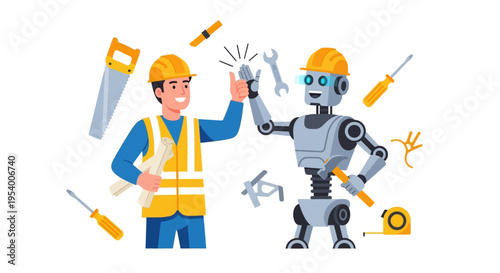 Human Construction Worker and Robot High-Five in Collaboration Illustration. Concept of AI in Construction Industry and Future of Work Teamwork.