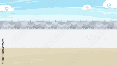 瓦屋根の塀と空の和風な背景イラスト_地面あり_16:9
