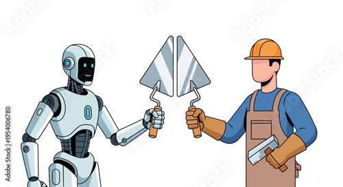AI Robot and Human Construction Worker Collaborating with Trowels, Industry 4.0 Automation and Manual Labor Partnership Concept