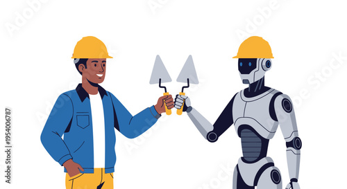 Human Construction Worker and Humanoid Robot Collaborating in Building Industry, Partnership and AI Technology Concept Illustration