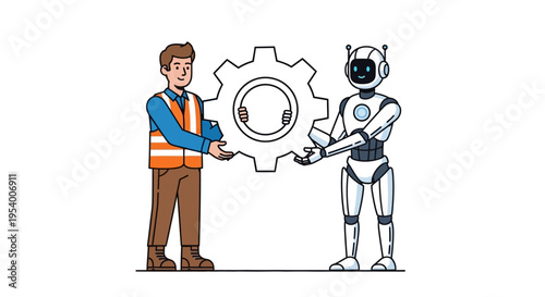 Industrial Engineer and Artificial Intelligence Robot Holding a Gear Together, Vector Illustration of Human-Robot Collaboration and Automation