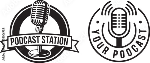 Classic vintage style microphone emblems for podcast station and media broadcast
