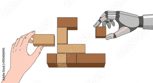 Human and Robotic Hand Building with Wooden Blocks, Artificial Intelligence and Human Collaboration Concept Illustration