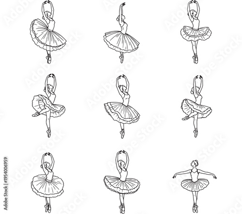 Ballet dancers line art set with various poses and black outlines on white background featuring ballerina, drawing, illustration with outline and