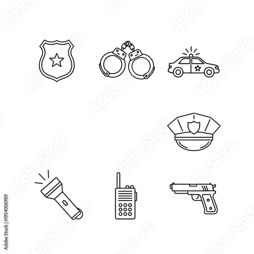 Essential Police and Law Enforcement Equipment Outline Vector Icons Set. Security, Authority, Crime Prevention Tools.