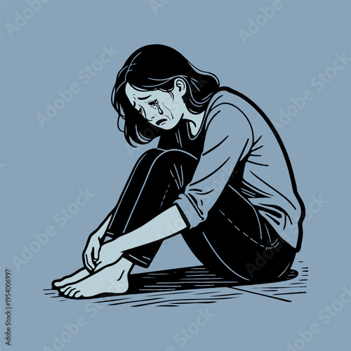 Woman sitting barefoot on the floor, crying with visible tears, emotional and mental distress, hand-drawn style on blue background, concept of sadness and depression