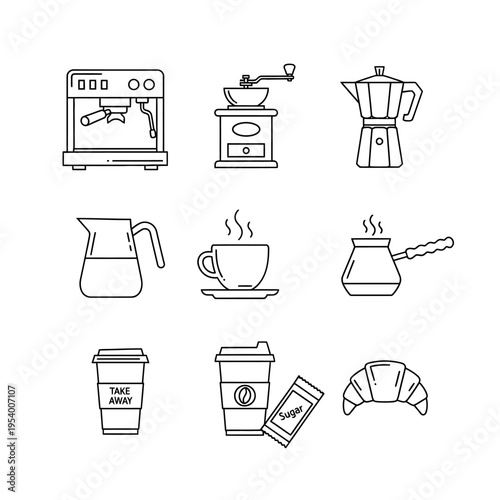 Coffee and breakfast line icons set: espresso machine, grinder, moka pot, hot cup, take away, milk jug, croissant.
