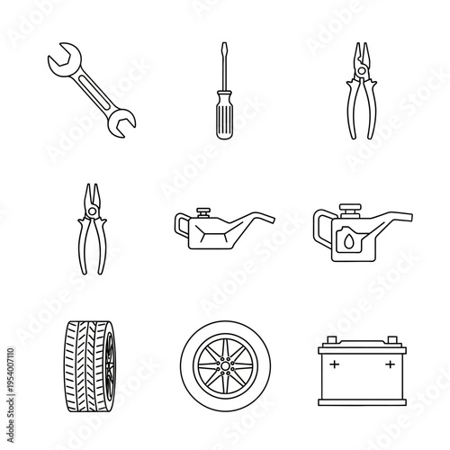 Automotive Service and Car Repair Tools Icons Set. Garage Maintenance Equipment, Vehicle Parts, and Auto Mechanic Supplies Outline Vector Collection.