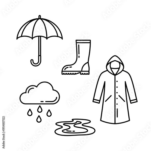 Rainy Weather Outline Icons Set: Umbrella, Rain Boot, Raincoat, Cloud with Drops, and Puddle. Autumn Season Essentials.