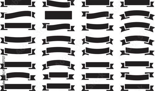 Collection of blank black ribbon banners in various shapes and decorative styles