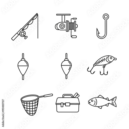 Fishing Equipment Line Art Icons Set. Outline Vector Collection of Fishing Rod, Reel, Hook, Lure, Floats, Net, Tackle Box, and Fish.