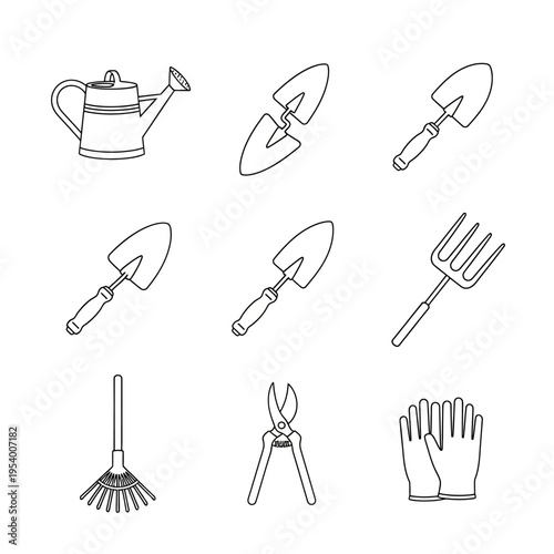 Essential gardening tools outline vector icons set including watering can, various trowels, rake, gloves, and pruning shears for horticulture.