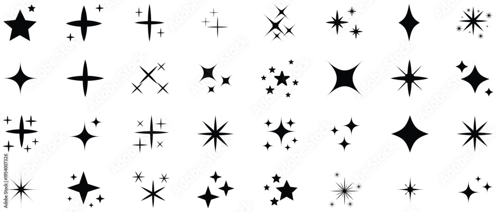 Fototapeta premium starburst, sparkles, black shapes, white background, graphic design elements, decorative shapes, digital art supplies, star shapes, burst icons, sparkle effects, abstract shapes, design elements, blac