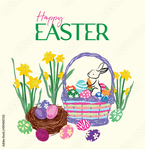 Happy Easter Greeting with Bunny Basket Eggs and Spring Flowers