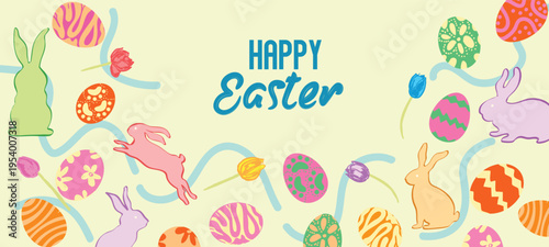 Pastel Easter Banner with Eggs and Bunny Silhouette Pattern