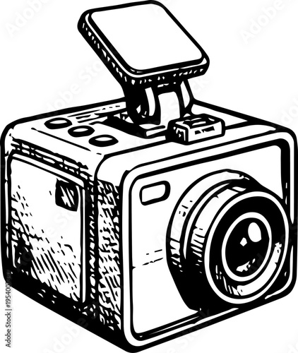 Vintage Box Action Camera GoPro Style with Top Mount Black and White Line Art Vector Illustration