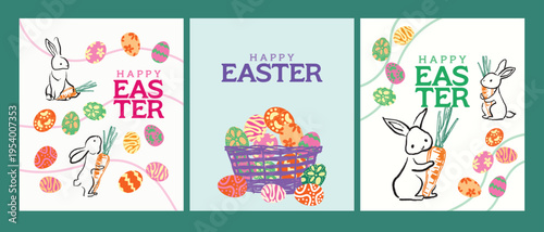 Colorful Easter Eggs with Cute Bunnies Poster Set for Spring Celebration