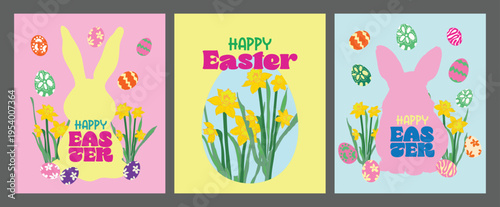 Cute Easter Poster with Colorful Bunny Silhouette Daffodils and Eggs