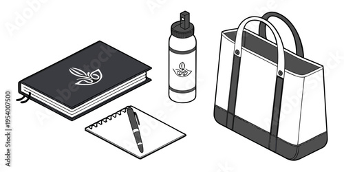 A collection of essential items for a day out including a notebook, pen, water bottle, and handbag