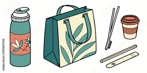 A collection of items for a day out including a water bottle, bag, and cutlery.