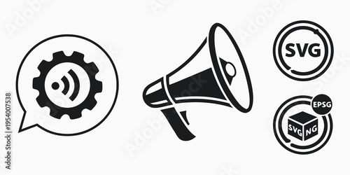 Megaphone and gear icons with svg and png format badges for web design