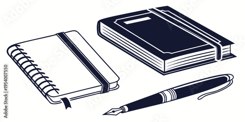 A notebook, a pen, and a book lying on a table