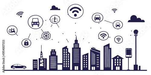 A city skyline with various interconnected smart city technologies and icons.