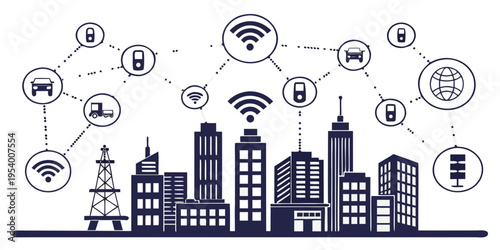 Illustration of a cityscape with various interconnected devices and networks