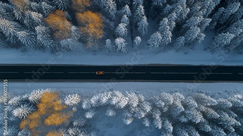 Aerial view of road through snowy forest during winter season