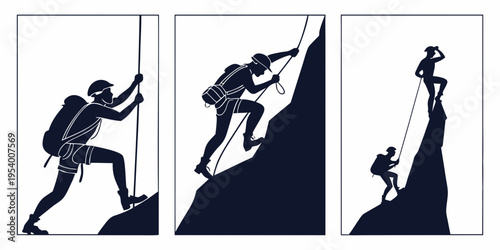 Three climbers ascending a steep mountain with various climbing techniques and equipment.