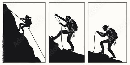Mountain climbers ascending a steep cliff with different techniques and equipment