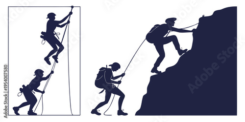 Climbers demonstrating various climbing techniques and equipment usage