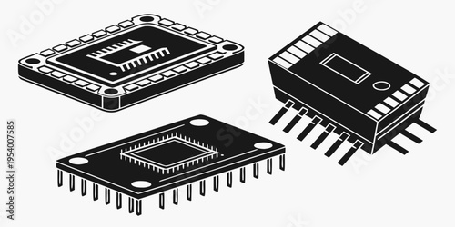 Three different types of integrated circuit chips with various pin configurations