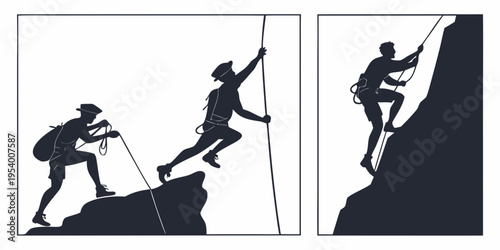 Three climbers ascending a steep cliff with ropes and climbing gear
