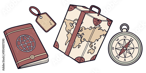 A collection of vintage travel items including a compass, a map, and a travel journal.