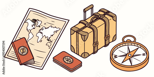 A collection of vintage travel items including a map, compass, and suitcases.