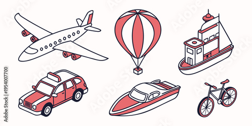 Illustration of various red and white transportation vehicles including airplane