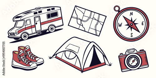 A collection of camping and hiking equipment including a tent, backpack, and compass.