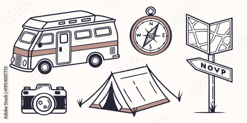 Adventure gear and travel essentials depicted in a vintage illustration style