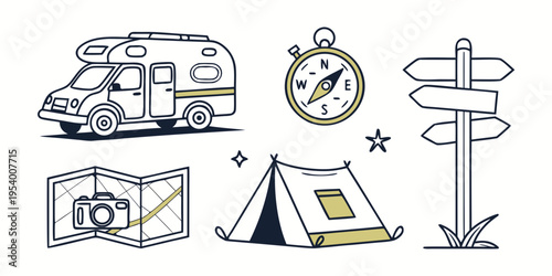 Illustrations of camping equipment and travel essentials