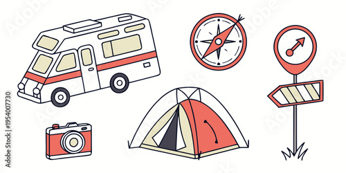 Camping gear and road signs indicating restrictions on camping and parking.