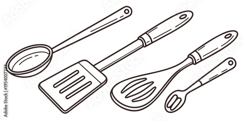 A variety of kitchen utensils including a spatula, ladle, and whisk