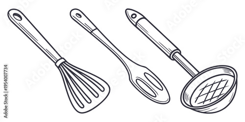Three different cooking utensils drawn in a simple black and white style.