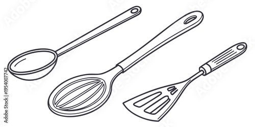 Three different types of kitchen utensils drawn in black and white