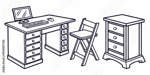 A vintage desk with a chair and a small table with drawers in a minimalist style.